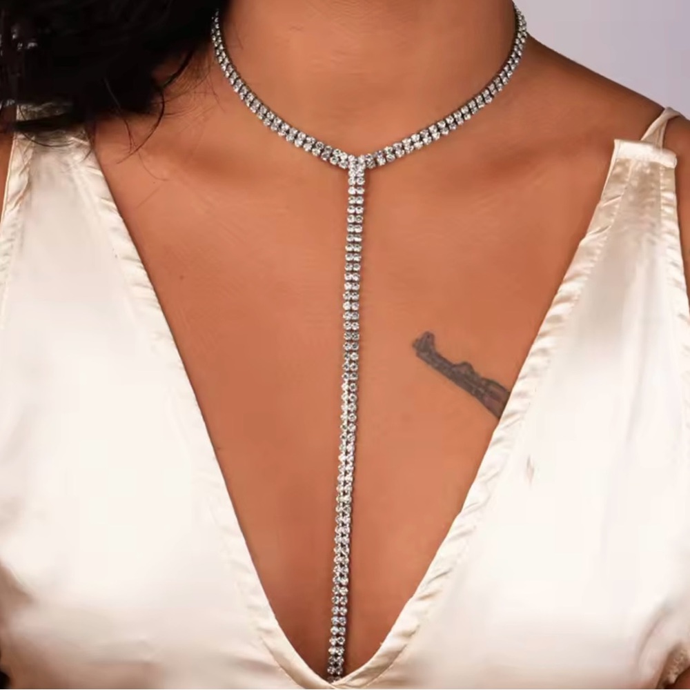 Elegant Silver Rhinestone Long Necklace